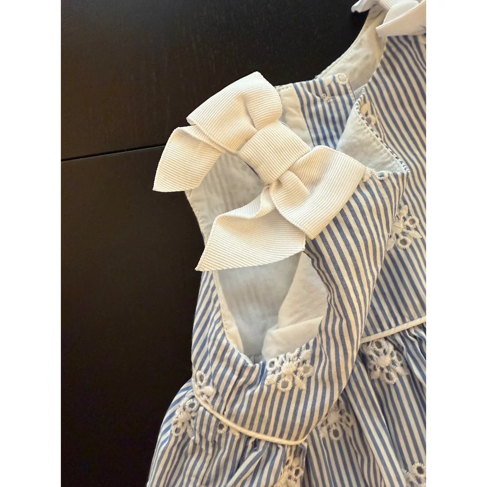 Gymboree Toddler Pinstriped Eyelet Dress Girls 18-24m‎ Blue Lined w/ Bow Accent